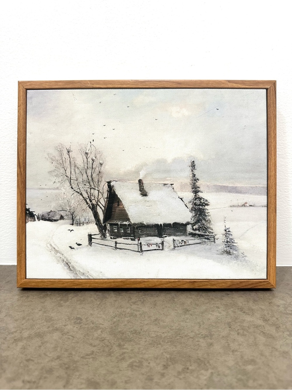 Framed Snowy Sunset Winter Cabin Wall Art Neutral Snow Scene 10.5 x 8.5”